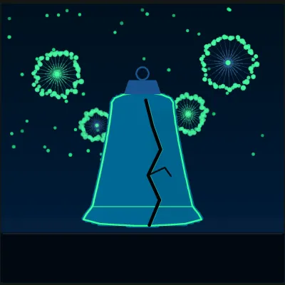 Hero scene of the Liberty Bell in silhouette against a horizon lit by distant fireworks, the crack reading clearly against the glow