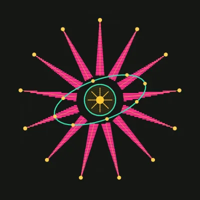 Procedural drawing of a colonial seal, thirteen rays from a common center with an orbiting ellipse and a small central impression