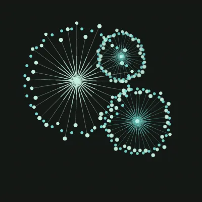 Procedural drawing of layered firework bursts, sparks radiating from each shell on velocity-spaced arcs against a dark sky