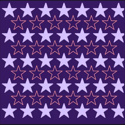 Procedural drawing of a tessellating five-pointed star grid, offset rows alternating filled and outlined stars