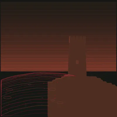 Hero scene of a Martello tower silhouette on a dark headland over tidal flats, under a smoked brick-red dawn sky