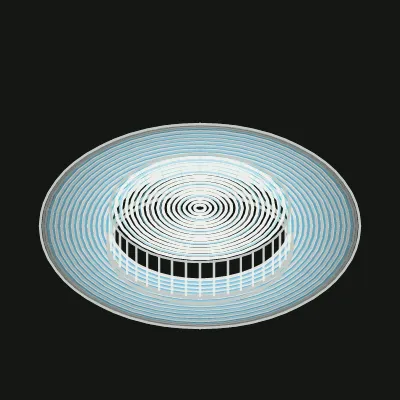 Procedural drawing of a pale straw boater hat in three-quarter view, concentric coil rings and a dark ribbon band
