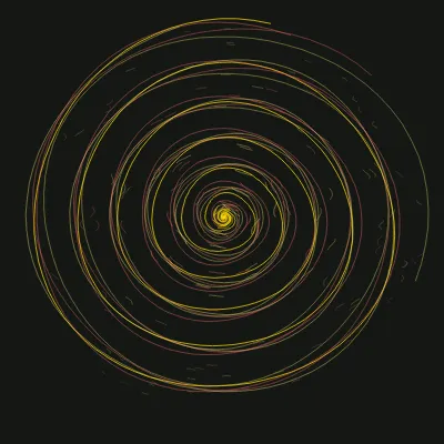 Gold spiral of dense thin strokes on black, loudest at the center and dissolving outward, a stream of consciousness drawn as line density