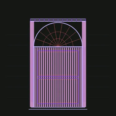 Procedural drawing of the Georgian doorway of 7 Eccles Street in violet line, a radial fanlight arc above a two-panel door