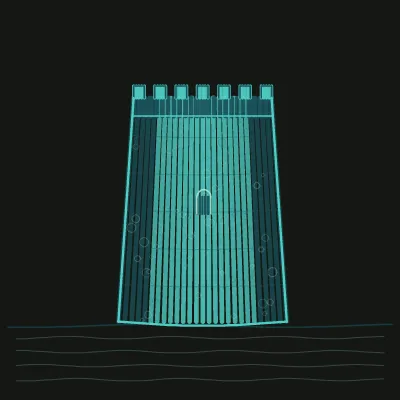 Procedural drawing of the Sandycove Martello tower in teal line, a battered cylinder with a crenellated parapet ring above a low horizon