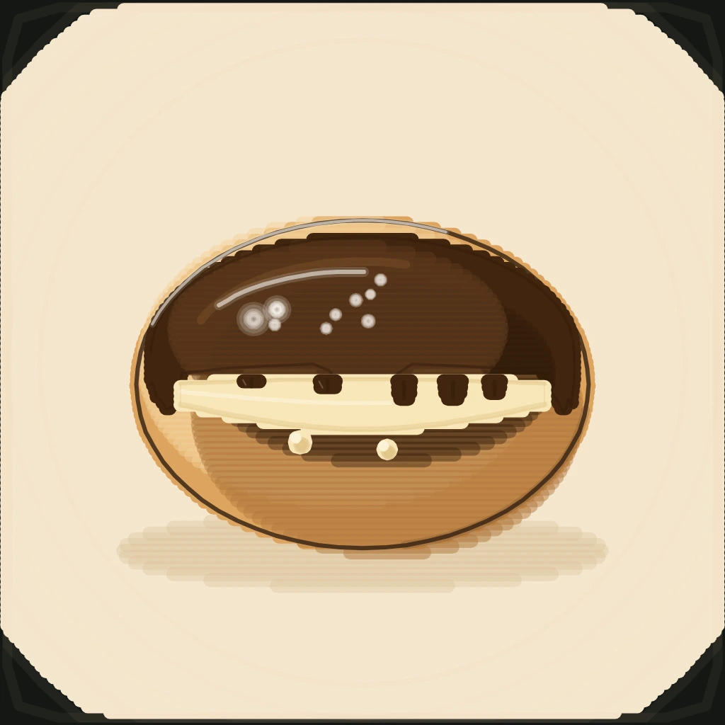 A Boston cream round donut rendered as procedural art on Grovetracks, glossy dark chocolate cap with fat drips and pale vanilla cream oozing from the slice line