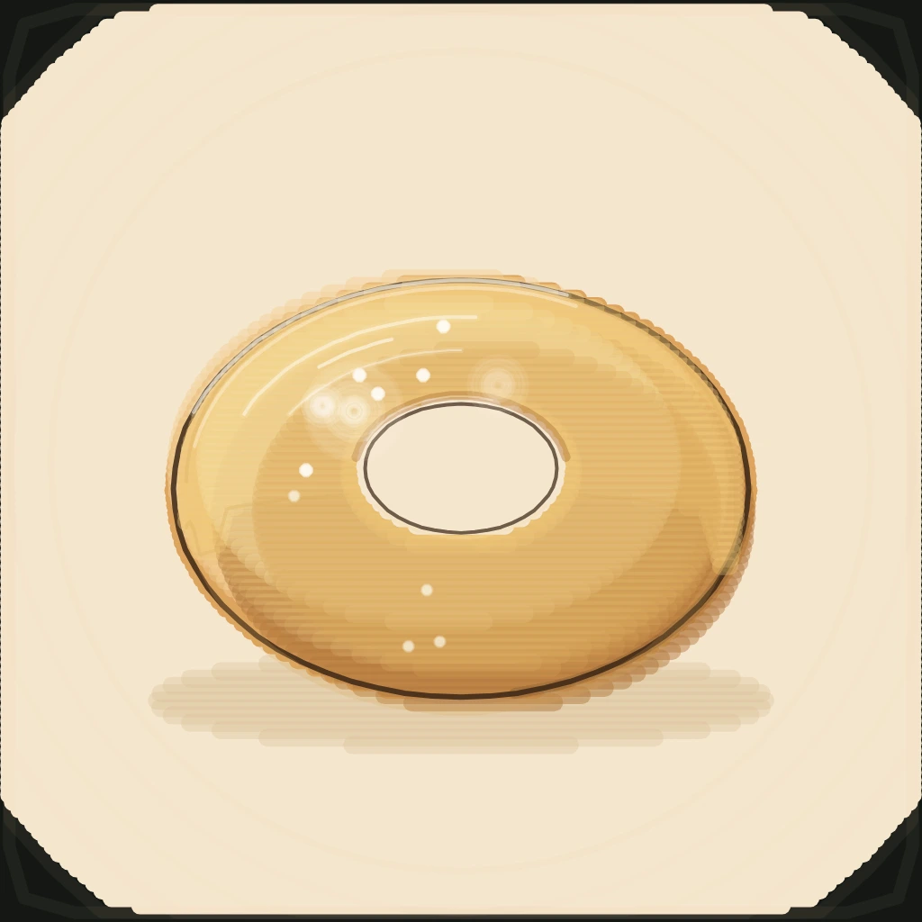 A classic glazed ring donut rendered as procedural art on Grovetracks, thin translucent amber sugar glaze over visible fried dough with sugar glints
