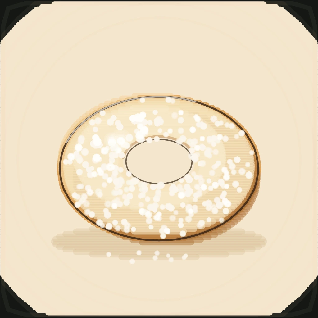 A powdered sugar cake ring donut rendered as procedural art on Grovetracks, buried under an even snowfall of powdered sugar, brightest on the upper-left crown