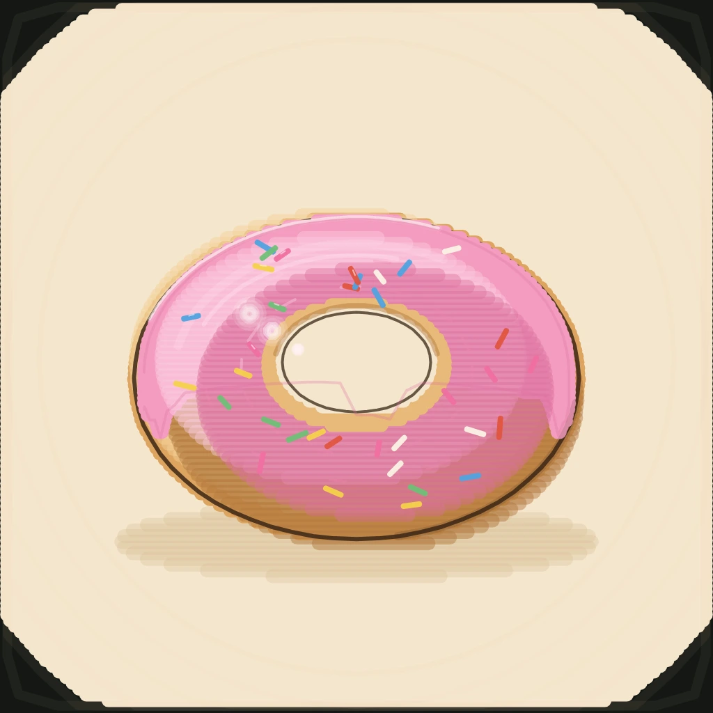 A strawberry frosted ring donut rendered as procedural art on Grovetracks, pink frosting with rainbow sprinkles and thick drips down the lower rim