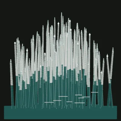 Procedural drawing of a clustered forest of upward blade spikes, dense at the center and sparser at the edges