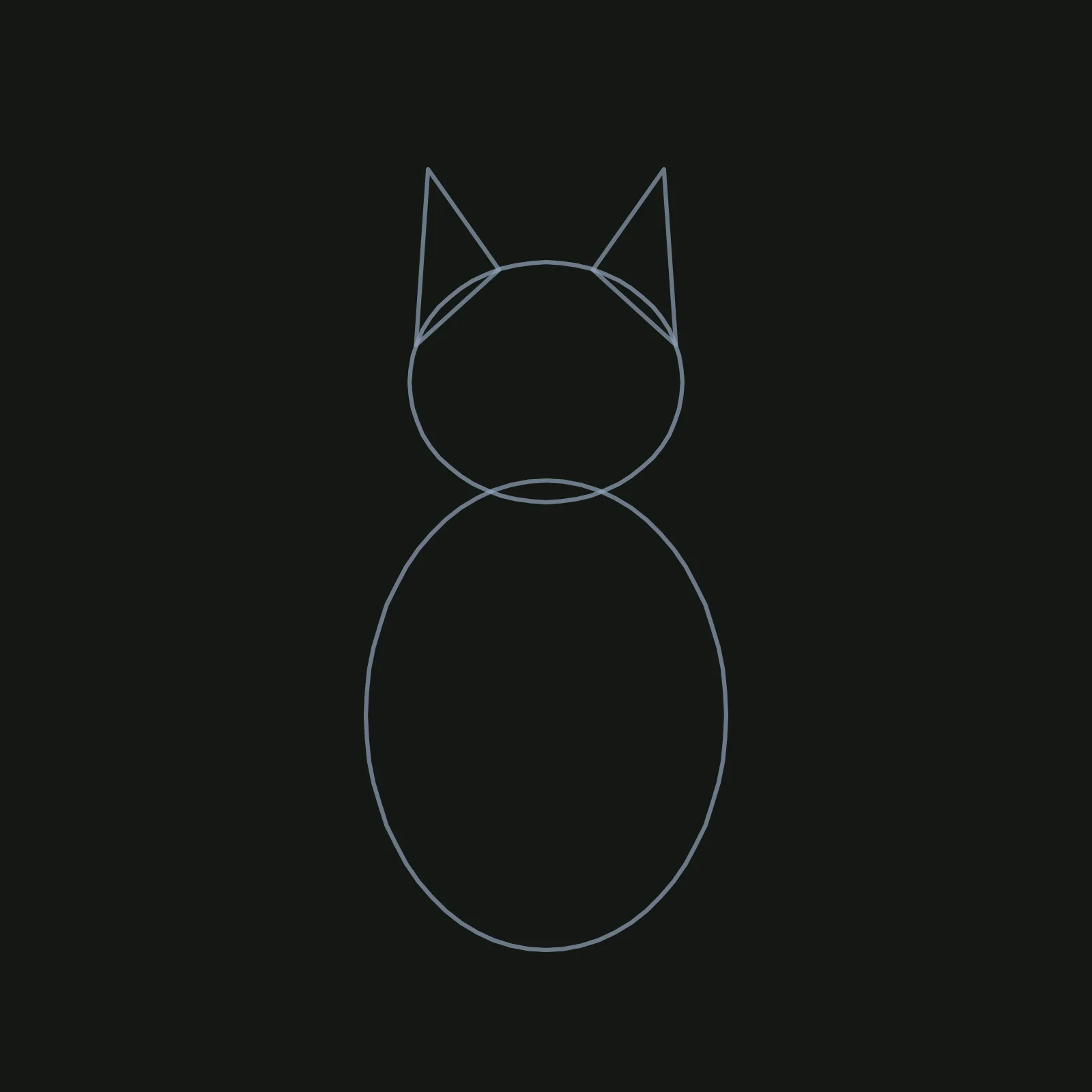 Step 1 of the black cat: thin grey blue pencil shapes on a dark canvas, a circle for the head a little above the middle, a tall egg shape for the body overlapping its bottom, and two tall triangles standing on top of the circle for the ears