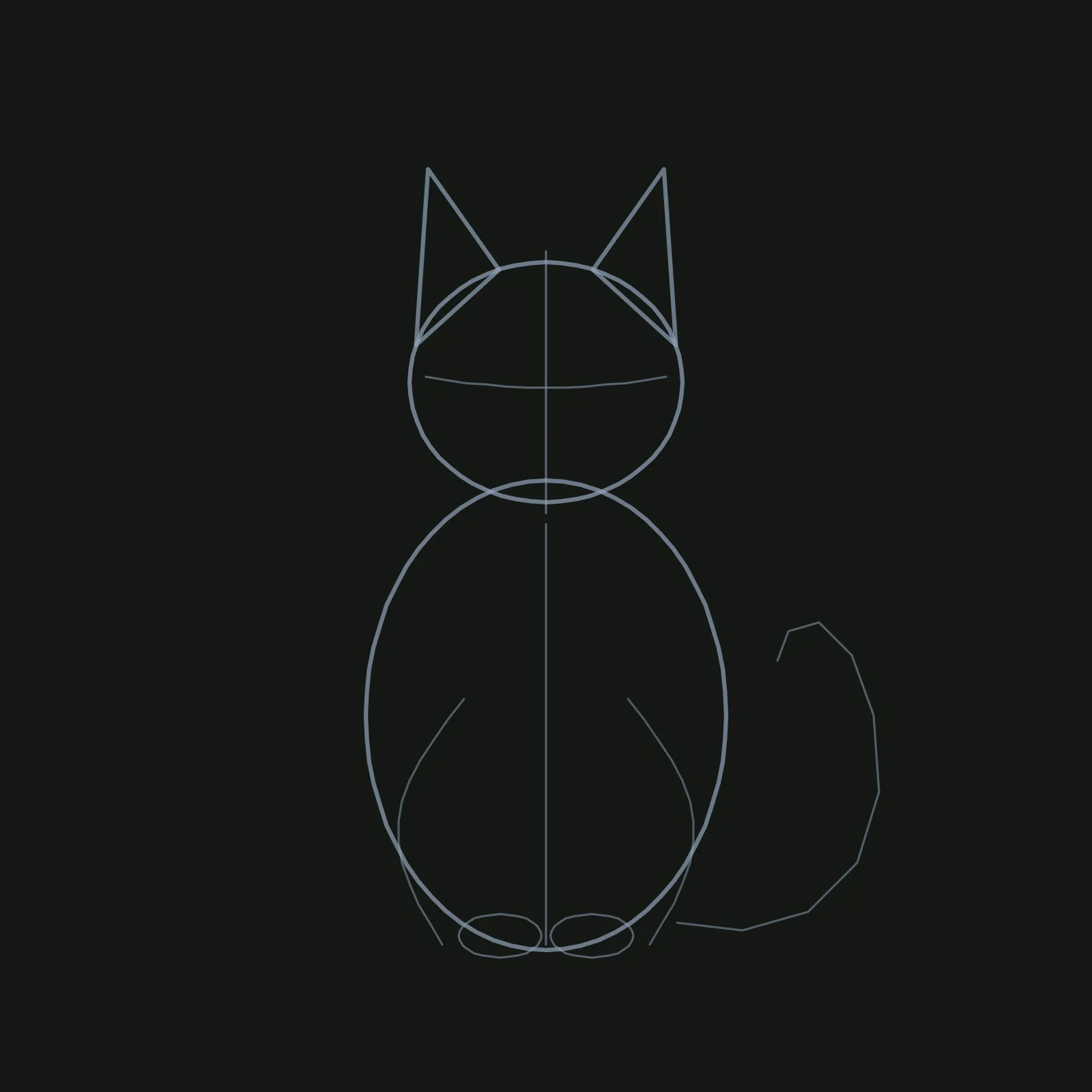 Step 2 of the black cat: the same pencil circle, egg and ear triangles, now with a vertical centreline through the head, a gently curved eye line across the middle of the head, a line down the middle of the chest, two small flat ovals at the bottom for the front paws, two curves on each side of the lower body for the haunches, and a long curved line off the bottom right for the tail