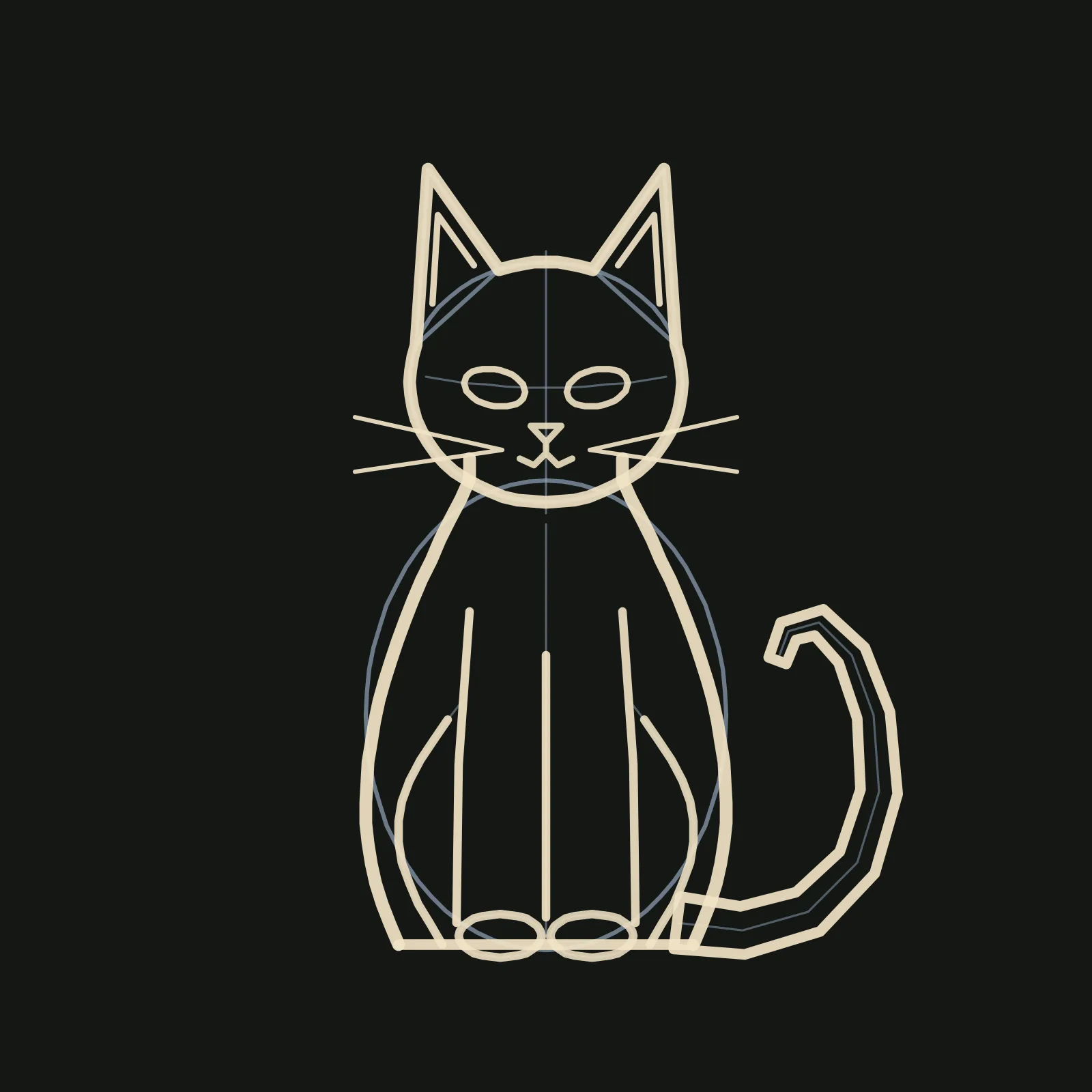 Step 3 of the black cat: a confident warm cream outline over the pencil guides, showing the head and ears as one line with smaller triangles inside the ears, two almond eyes, a small triangle nose with a curled mouth, two whiskers on each side, a body that is narrow at the neck and wide at the bottom, three lines for the front legs, curved haunches, two oval paws and a tapered tail curling up on the right