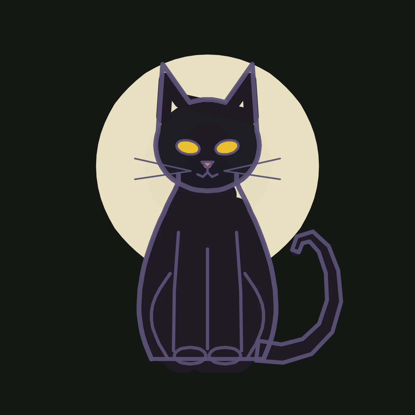 Step 4 of the black cat: the pencil guides are gone, a pale cream full moon sits behind the cat's head and shoulders, the cat is filled in very dark violet black with gold eyes and a pink nose, and every line of the cat is redrawn in a muted violet that shows against both the moon and the dark canvas