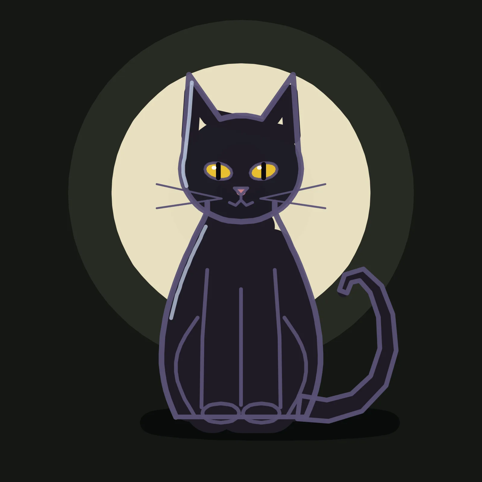 The finished black cat tutorial drawing on a dark canvas: a near black cat sitting upright and facing out, with tall pointed ears, gold eyes with slit pupils and tiny white catchlights, a pink nose and long whiskers, its tail curling up on the right, in front of a pale full moon with a faint ring of glow, a cool rim of moonlight along the left edge of its head and shoulder, and a dark shadow on the ground under it