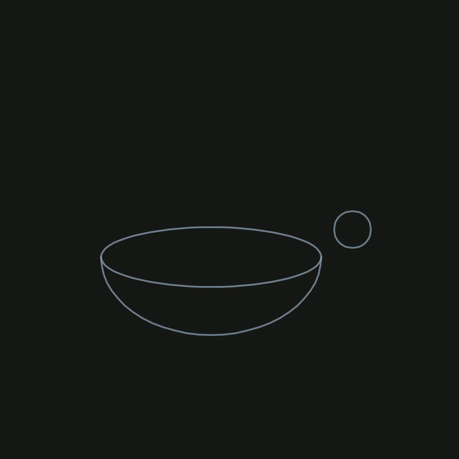 Step 1 of the diya: thin grey blue pencil shapes on a dark canvas, a wide flat oval a little left of centre, the lower half of a deeper oval hanging under it as the bowl, and a small circle off to the right of the oval for the flame