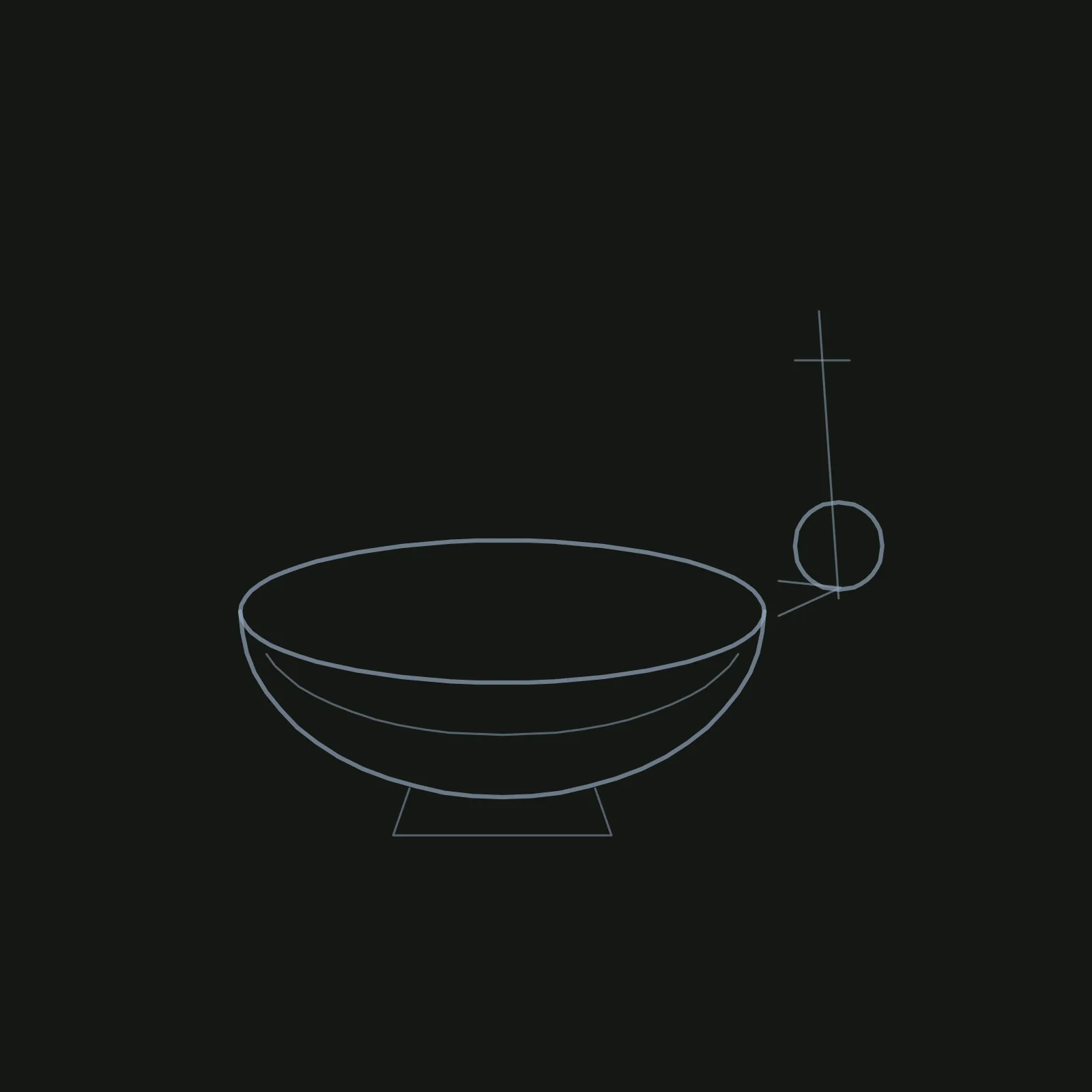 Step 2 of the diya: the same pencil oval, bowl and circle, now with a narrow V drawn off the right end of the rim to a point under the circle for the spout, a thin line rising from the point through the circle and leaning slightly left for the flame, a short tick near its top, a curved band across the bowl, and a small trapezoid foot under the bowl