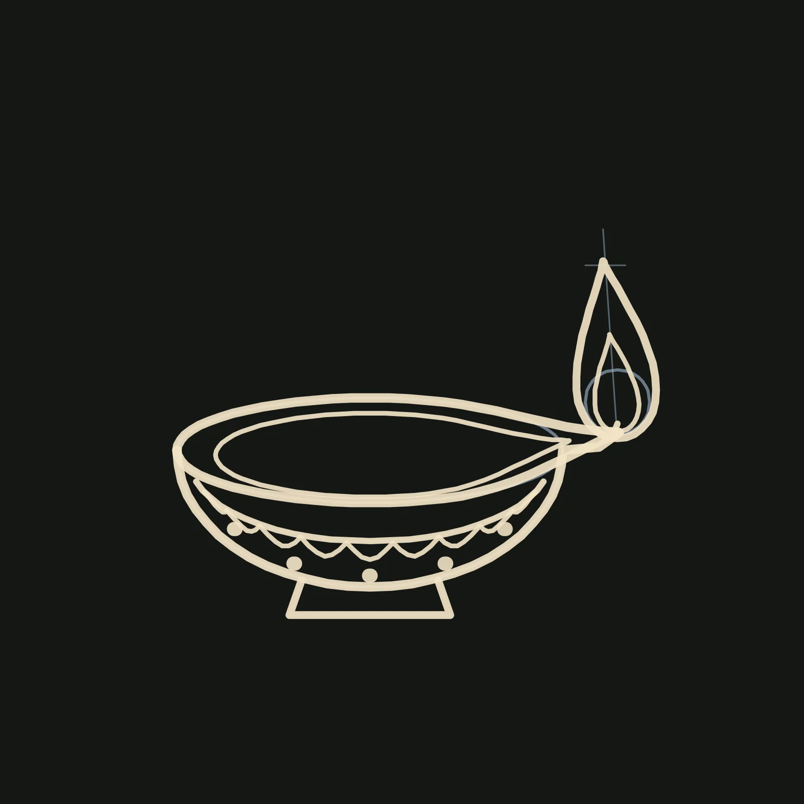 Step 3 of the diya: a confident warm cream outline over the pencil guides, showing the rim as one oval pinched into a point on the right, a thinner inner rim line, the bowl curve running up into the underside of the spout, the trapezoid foot, a band across the bowl with nine small hanging scallops and five dots under it, and a teardrop flame with a smaller teardrop inside it standing on the spout