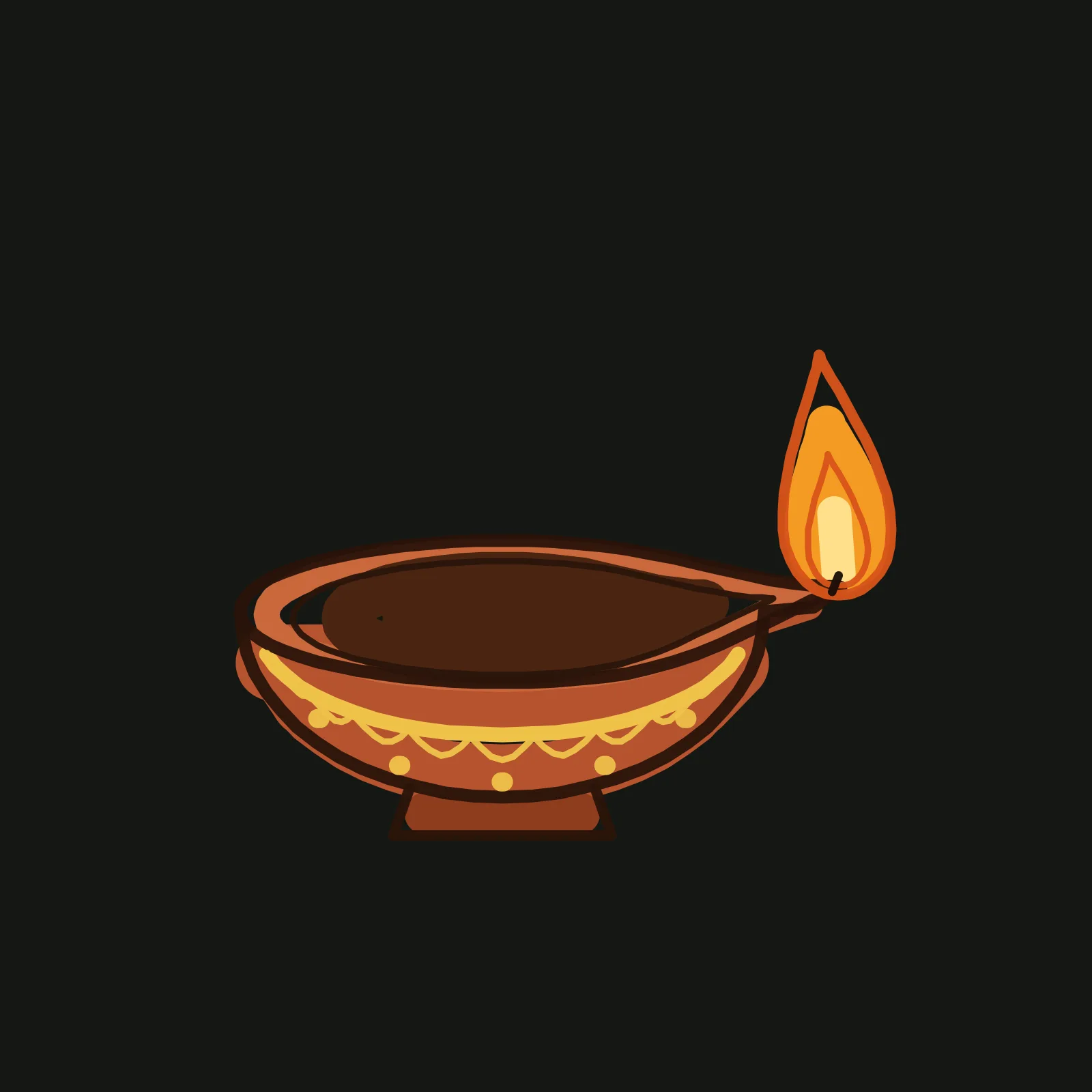 Step 4 of the diya: the pencil guides are gone, the bowl is flat terracotta on a darker red brown foot, a lighter clay ring runs round the rim around dark brown oil, the band is gold with gold scallops and dots, the flame is orange with a pale yellow middle, and everything sits under a dark brown lamp outline and a deep orange flame outline