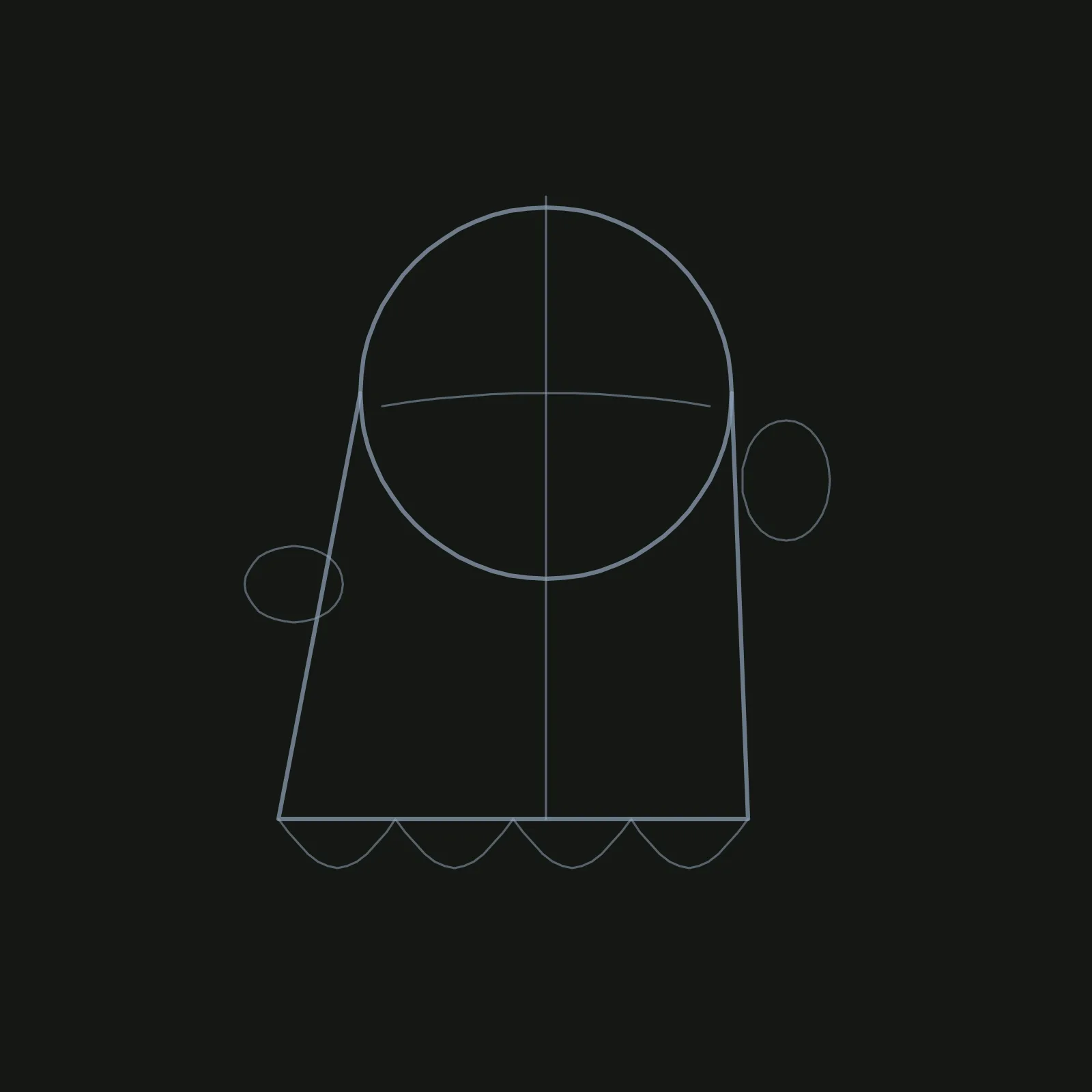 Step 2 of the ghost: the same pencil circle and sheet, now with a vertical centreline, a gently curved eye line across the middle of the head, four round scallops hanging below the bottom line, a small oval out to the left of the body for a resting arm and a taller oval high on the right for a waving arm