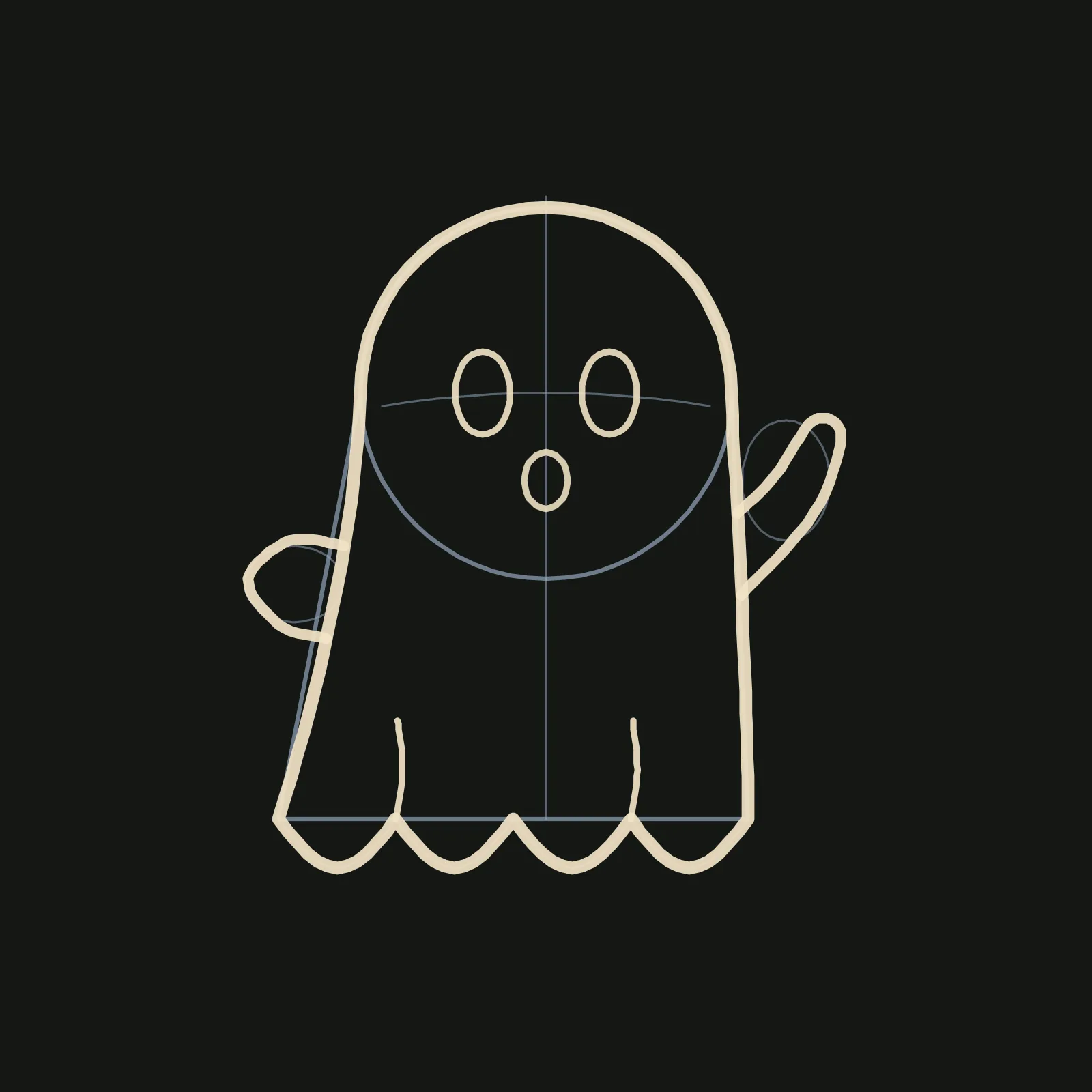 Step 3 of the ghost: a confident warm cream outline over the pencil guides, showing the round dome, both sides and the four scallop hem as one line, a short rounded arm on the left, a raised waving arm on the right, two soft fold lines rising from the hem, two tall oval eyes on the eye line and a small round mouth below them