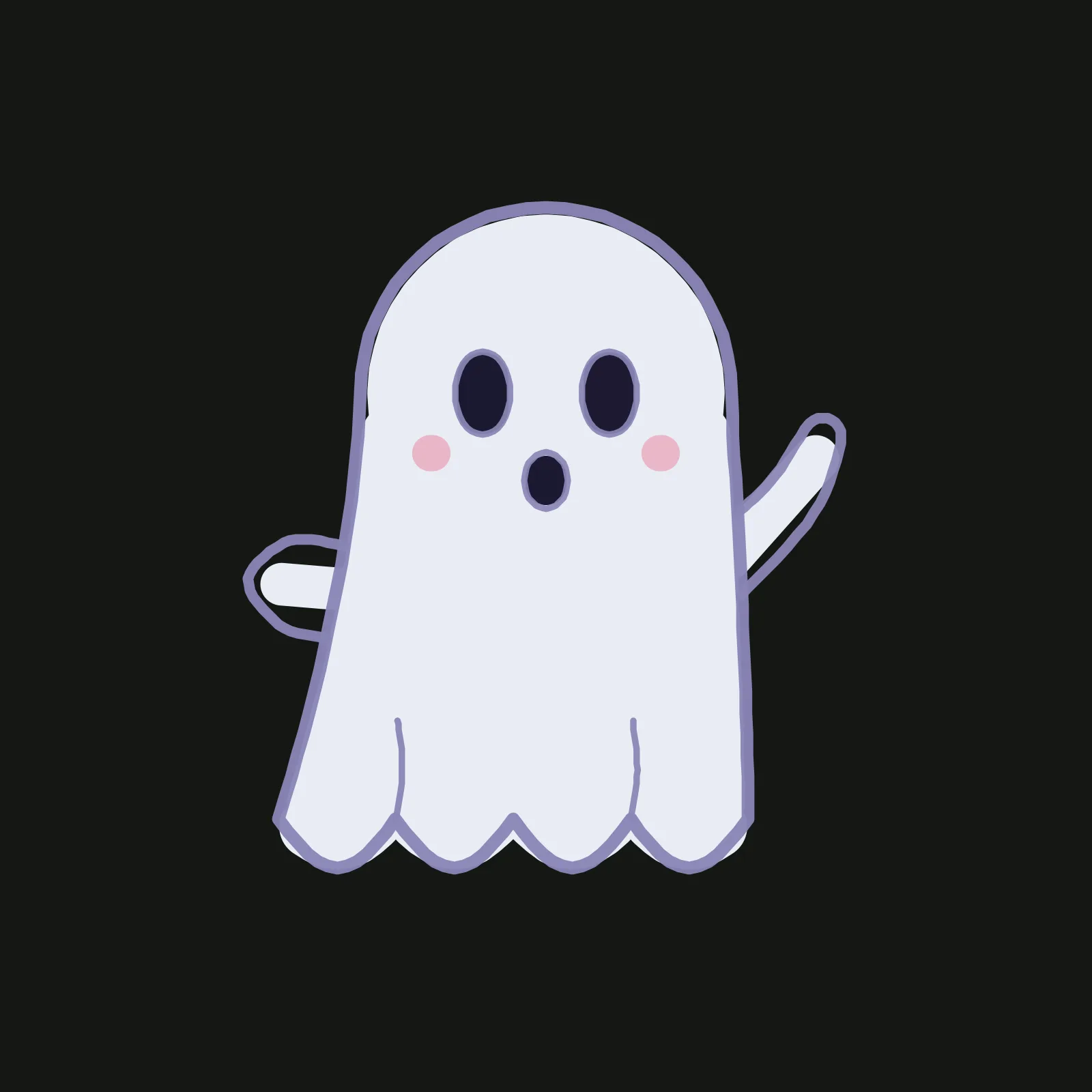 Step 4 of the ghost: the pencil guides are gone, the ghost is filled in near white, its eyes and round mouth are very dark violet, two pink dots sit on its cheeks, and every line is redrawn in a soft lavender that shows against both the white sheet and the dark canvas