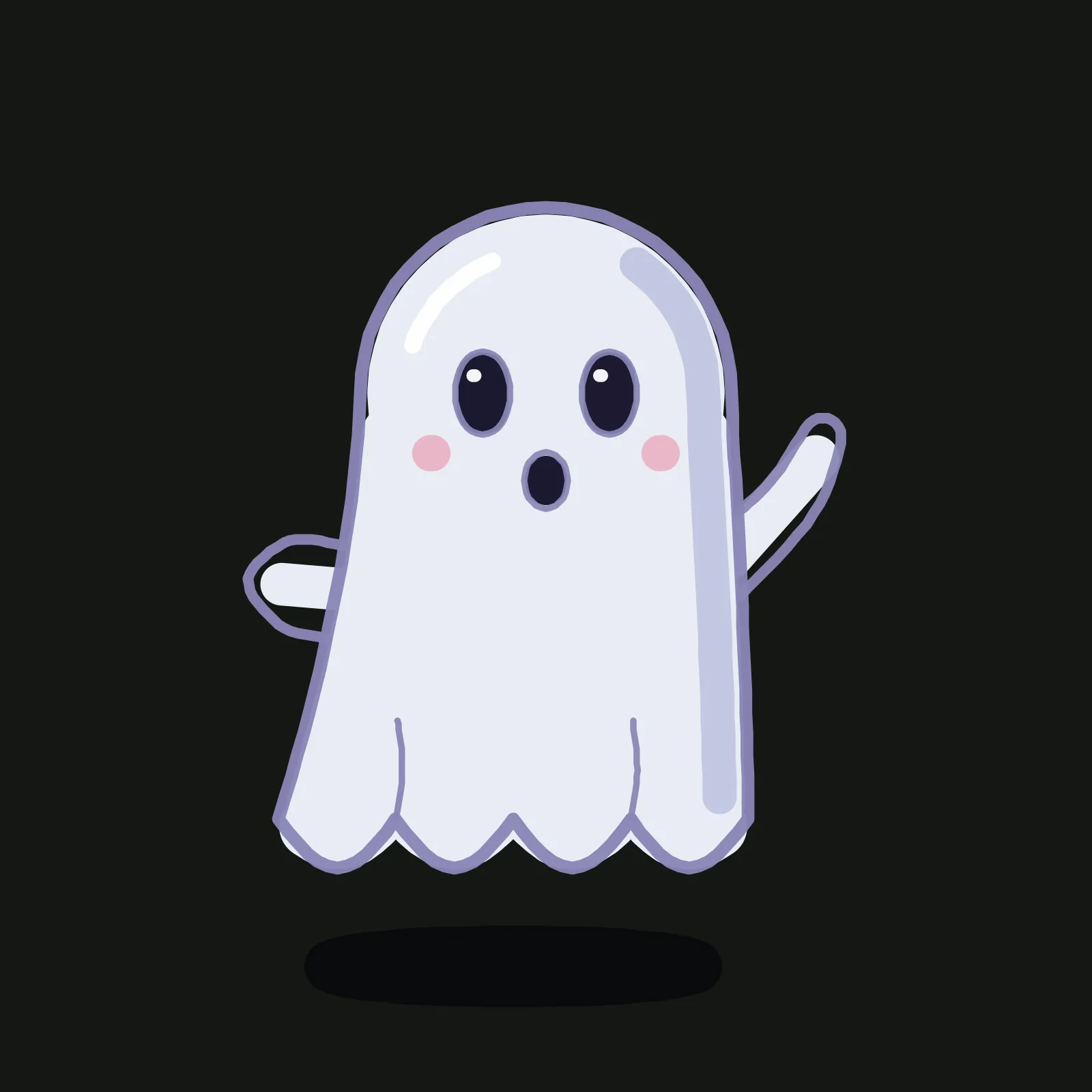 The finished ghost tutorial drawing on a dark canvas: a friendly white sheet ghost with a round dome head and a scalloped hem, two tall dark eyes with white catchlights, a small round open mouth and pink cheeks, its left arm resting out to the side and its right arm raised in a wave, a soft lavender outline, a pale lavender shadow down its right side, a white highlight on the top left of its head and a dark shadow floating on the ground below it