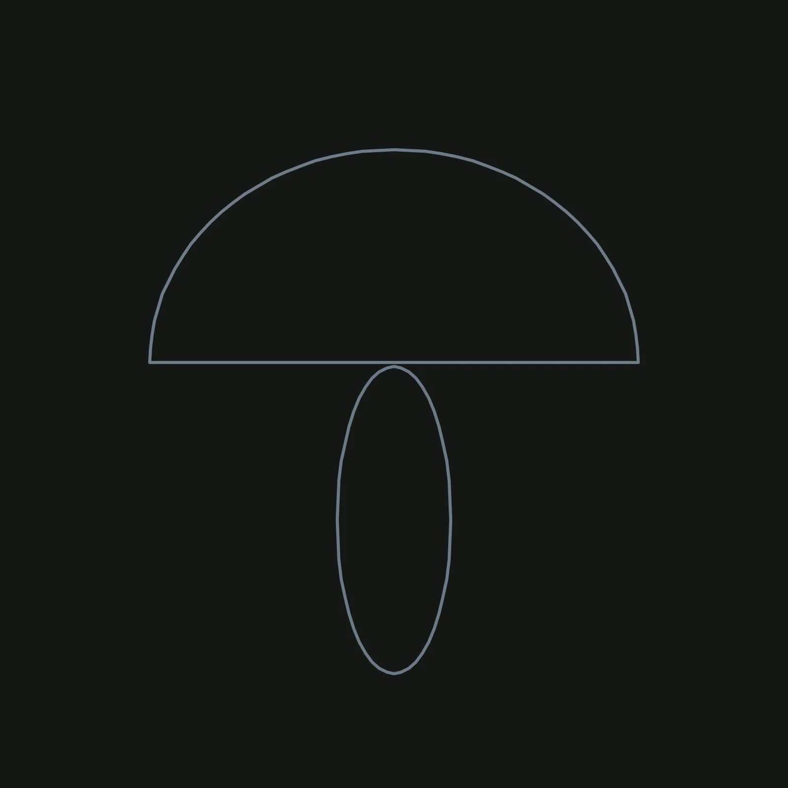 Step 1 of the mushroom: two thin grey blue pencil shapes on a dark canvas, a wide half circle dome with a flat base across the upper middle, and a tall narrow oval standing below it for the stem