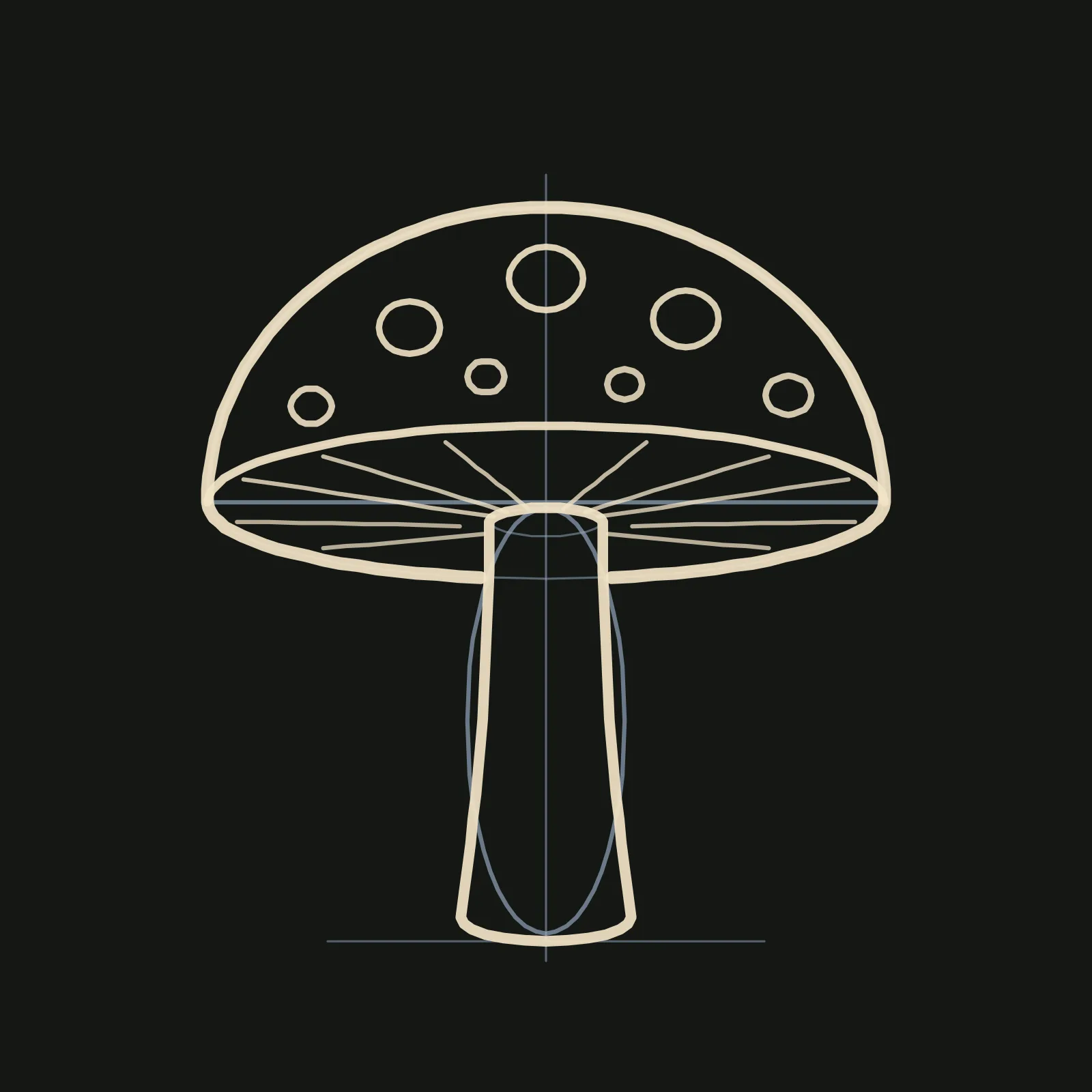 Step 3 of the mushroom: a confident warm cream outline over the pencil guides, showing the domed cap with seven round spots, the far edge of the rim as a curve across the cap, ten thin gill lines fanning out from the stem, and a stem that widens slightly toward its rounded foot