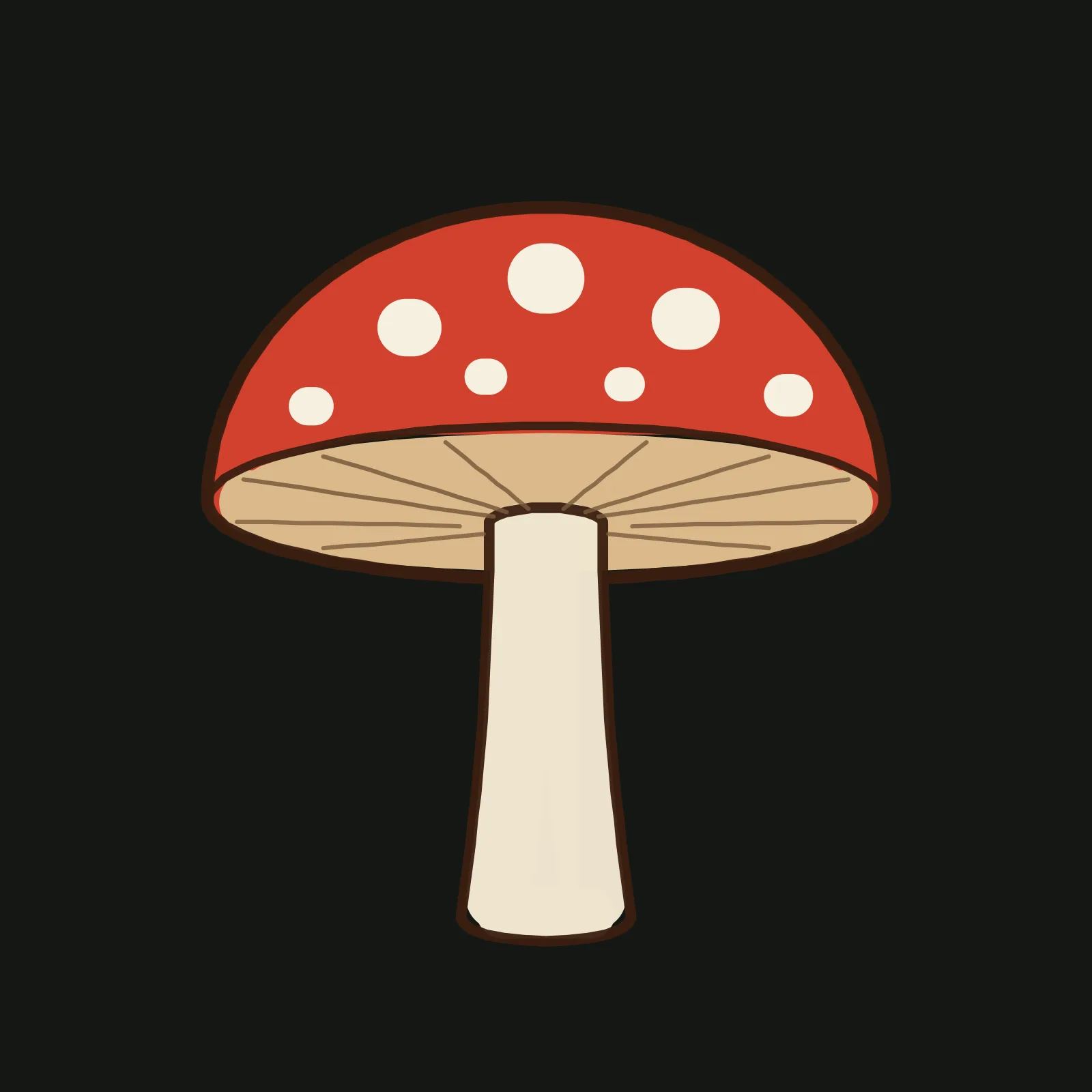 Step 4 of the mushroom: the pencil guides are gone, the cap is filled with flat bright red and seven solid cream dots, the underside is light tan with thin brown gill lines, the stem is creamy white, and everything sits under a dark brown outline