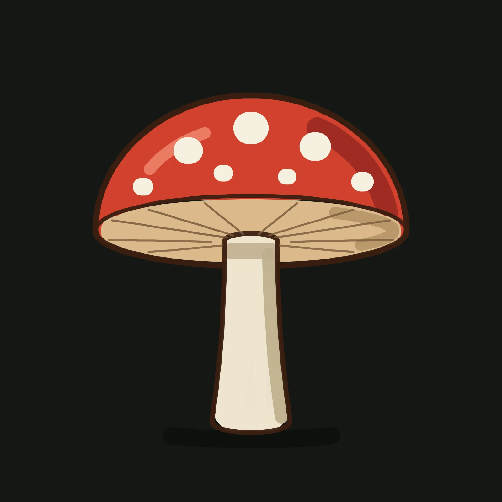 The finished mushroom tutorial drawing on a dark canvas: a red toadstool cap with seven cream spots, a darker red shadow down its right side and a pale highlight on the upper left, a tan underside with thin brown gill lines, a cream stem shaded on the right, and a soft shadow on the ground