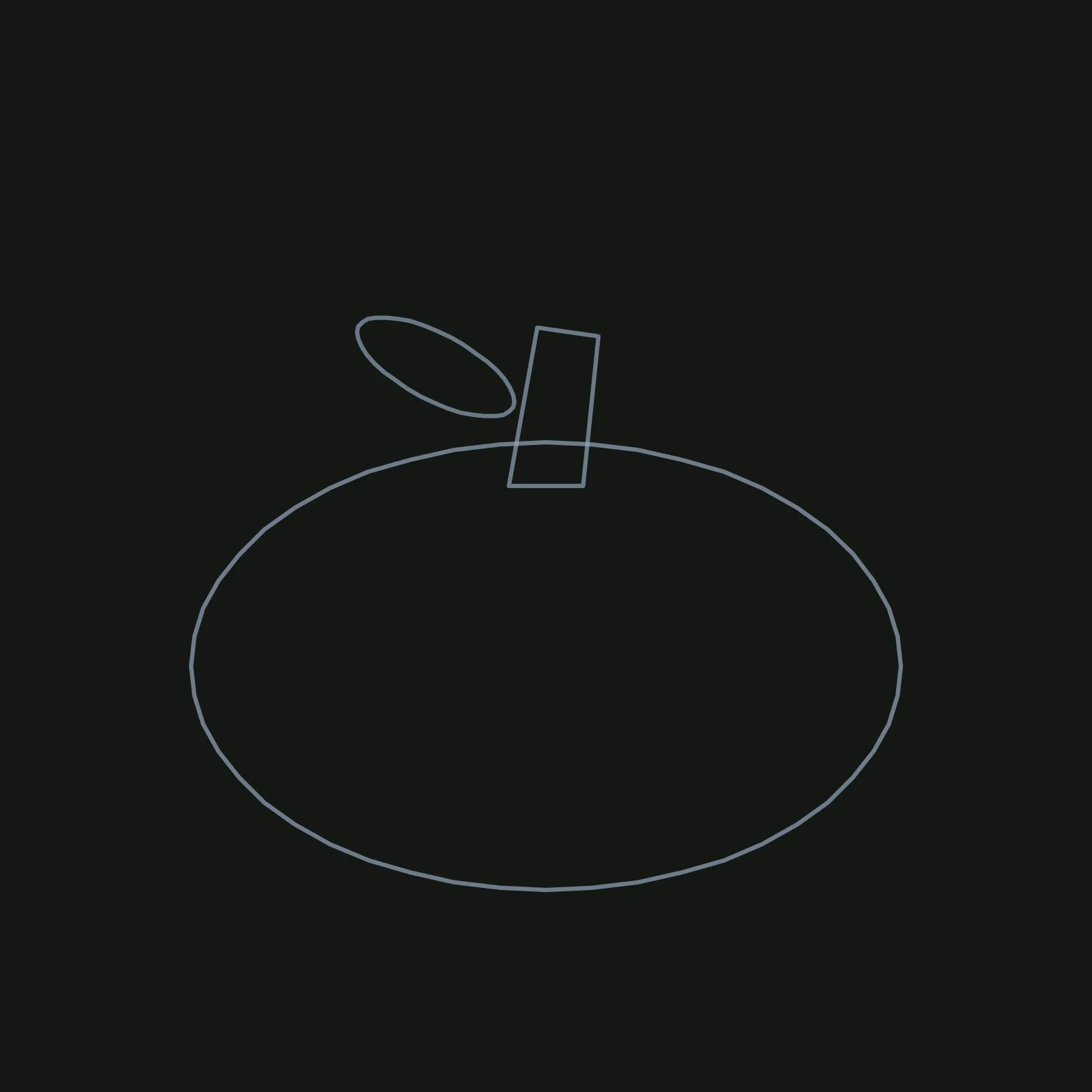 Step 1 of the pumpkin: three thin grey blue pencil shapes on a dark canvas, a wide flat oval for the body, a small tilted box for the stem on top, and a narrow oval for the leaf to its left