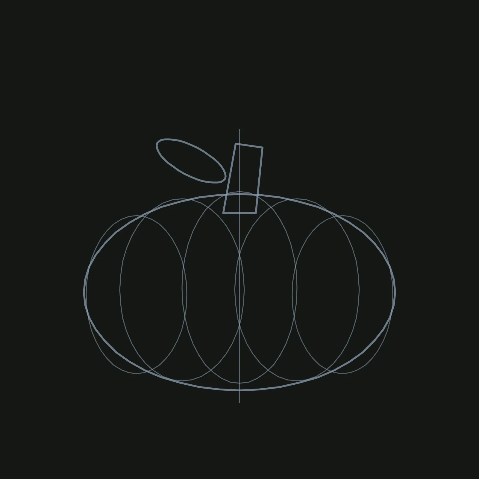 Step 2 of the pumpkin: the same pencil oval now crossed by a vertical centreline and five overlapping tall ovals, one in the middle and two on each side, with the stem box and leaf oval above
