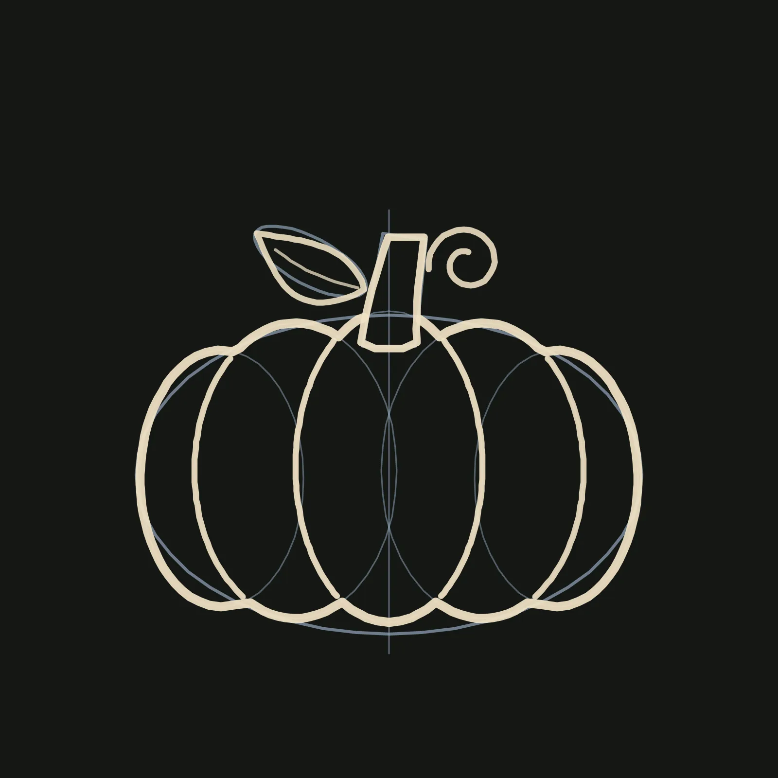 Step 3 of the pumpkin: a confident warm cream outline over the pencil guides, showing a lobed silhouette with dips between lobes, four curved rib lines, a tapered stem, a pointed leaf with a vein, and a curly tendril