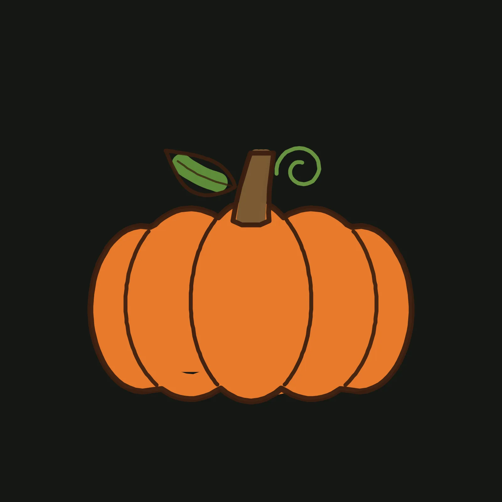 Step 4 of the pumpkin: the pencil guides are gone, the body is filled with flat bright orange, the stem with mid brown and the leaf with green, all under a dark brown outline, with the tendril drawn in green