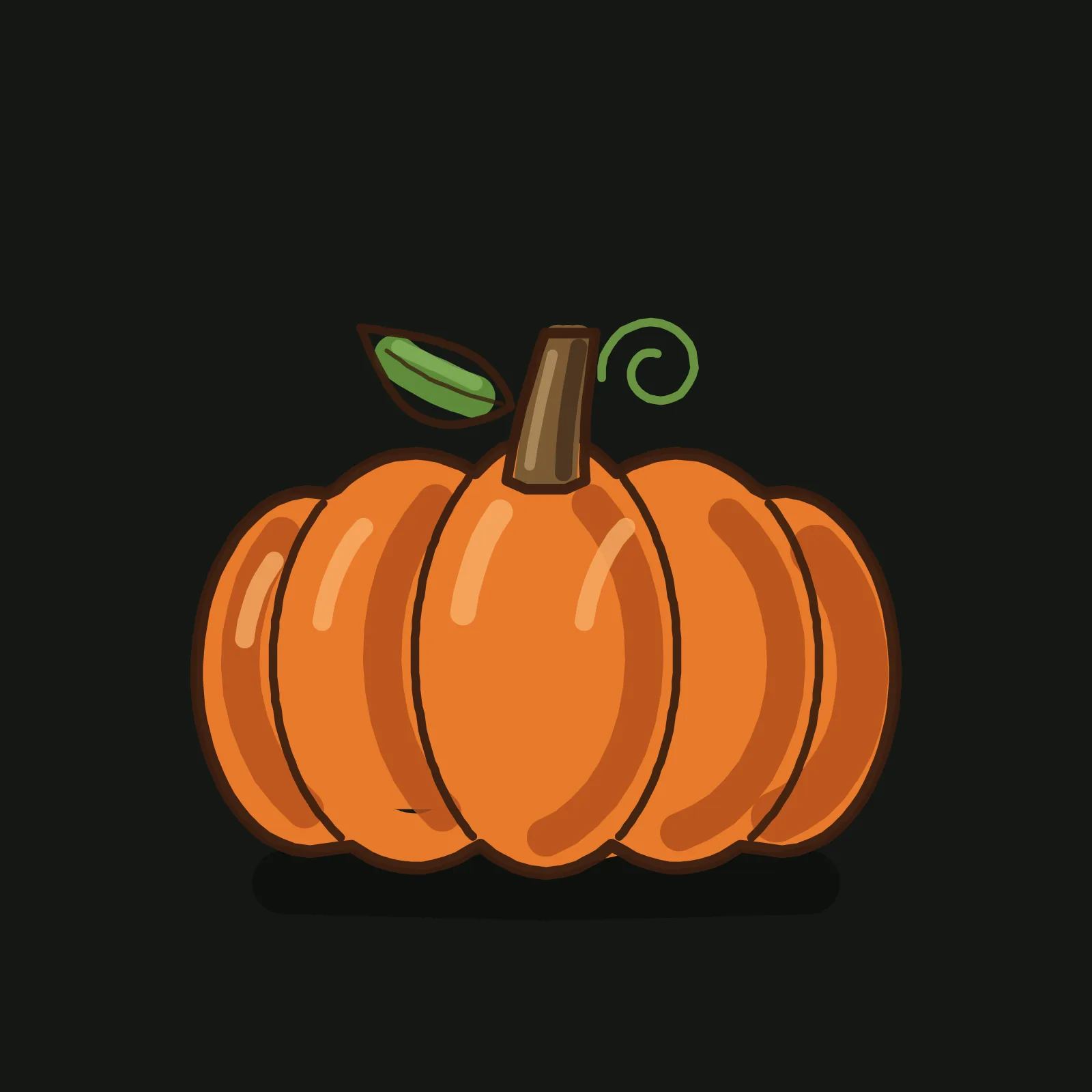 The finished pumpkin tutorial drawing: a squat orange pumpkin with five lobes, a leaning brown stem, a green leaf and a curly tendril, darker orange shadows beside each rib and pale highlights on the upper left, sitting on a soft shadow on a dark canvas