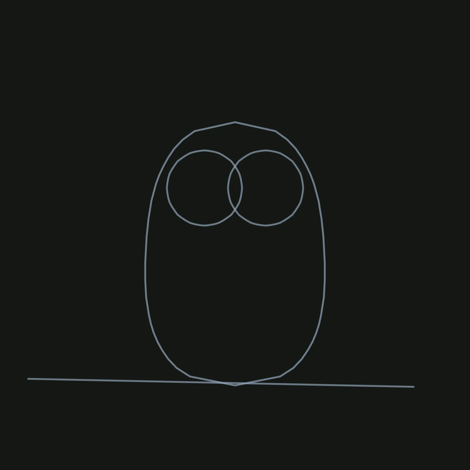 Step 1 of the owl: thin grey blue pencil shapes on a dark canvas, a tall egg shape in the middle, two overlapping circles side by side in its upper half, and a long straight line under the egg for the branch