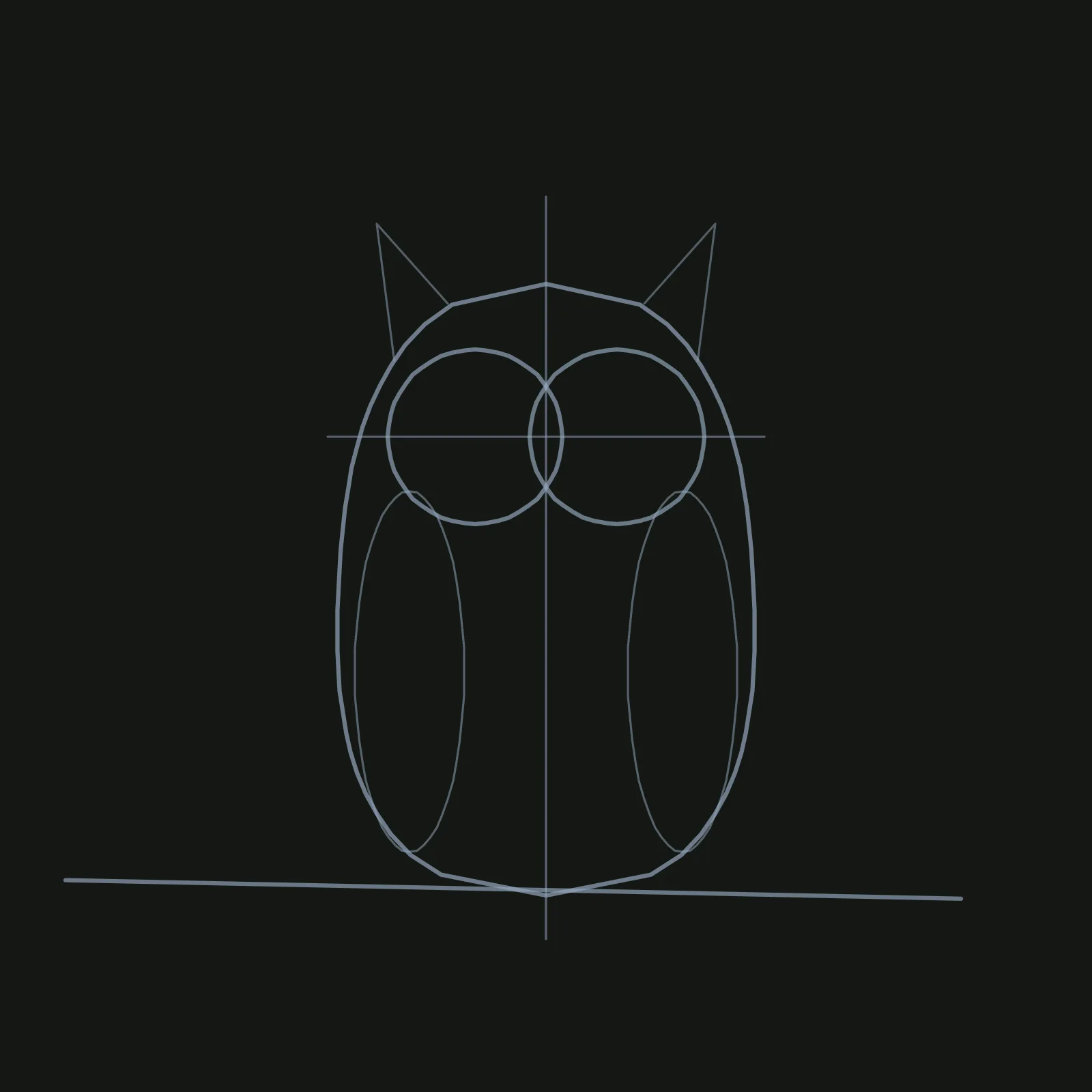 Step 2 of the owl: the same pencil egg, circles and branch line, now crossed by a vertical centreline and a level eye line through both circles, with a tall thin oval along each side of the body for the wings and a pointed triangle rising from each top corner of the head for the ear tufts