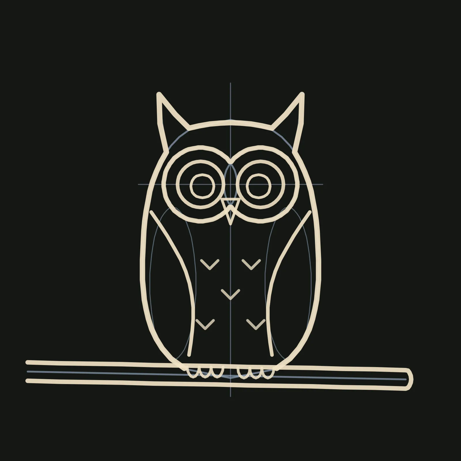 Step 3 of the owl: a confident warm cream outline over the pencil guides, showing the body with two pointed ear tufts, the double circle face disc, two eye circles with smaller pupil circles, a small triangle beak, two curved wing lines, five small v shaped feather marks on the belly, three little toes on each foot, and the branch drawn as a long rounded rod