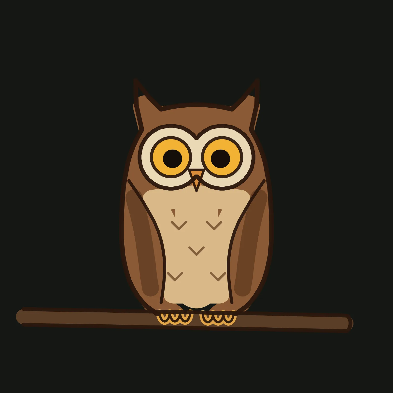 Step 4 of the owl: the pencil guides are gone, the body is flat mid brown, the wings are a darker brown, the belly is light tan with five brown feather marks, the face disc is pale cream around two solid gold eyes with black pupils, the beak and toes are orange, the branch is brown, and everything sits under a dark brown outline