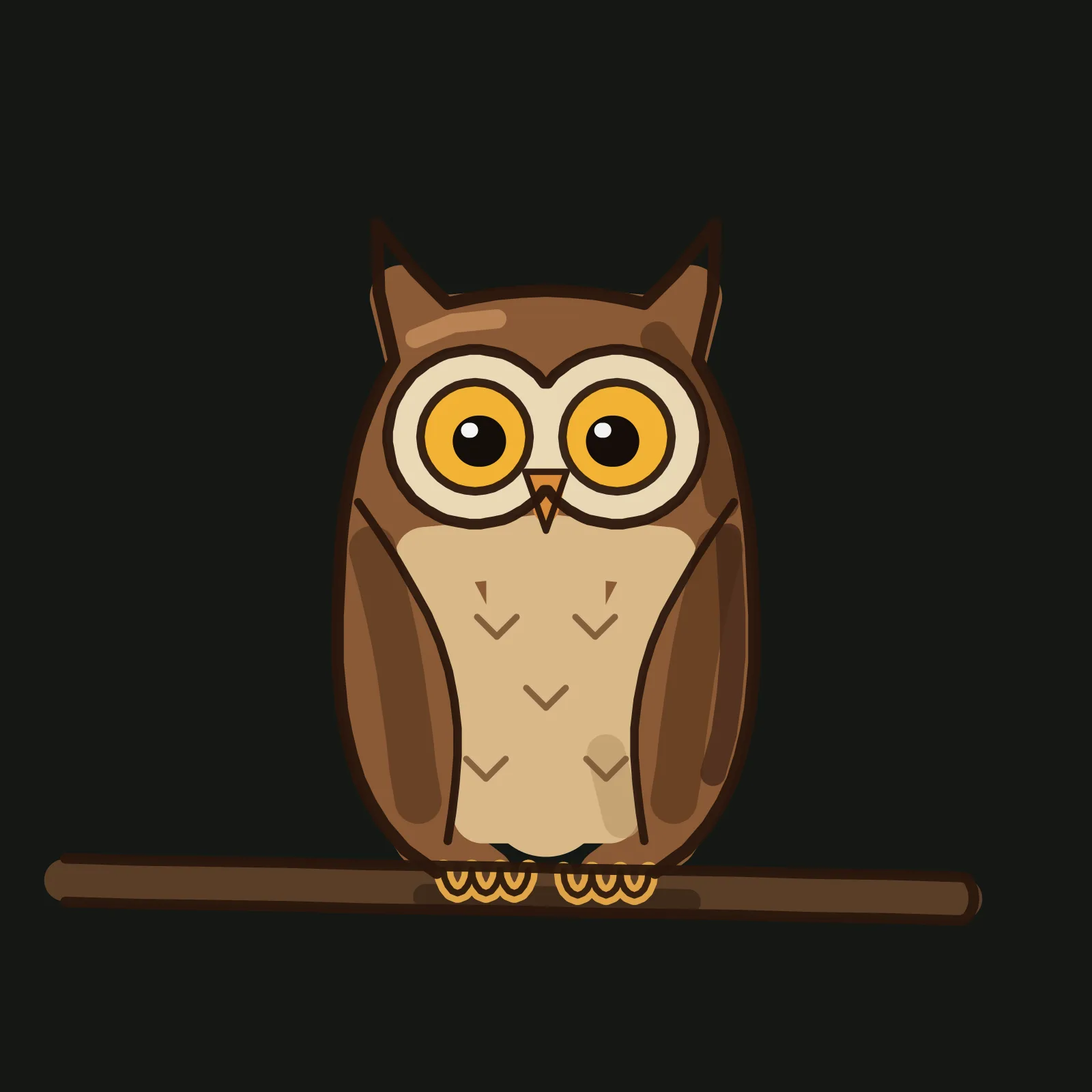 The finished owl tutorial drawing on a dark canvas: a brown owl with two pointed ear tufts sitting on a thin brown branch, a pale cream face disc around two big gold eyes with black pupils and white catchlights, a small orange beak, darker brown wings down each side, a tan belly with five small feather marks, orange toes curled over the branch, and a soft shadow on the right of the head