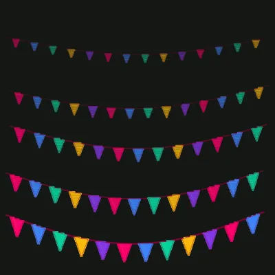 Procedural drawing of strings of triangular festival pennants hanging in catenary curves across a dark field