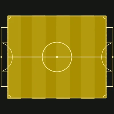 Procedural overhead drawing of a full pitch marking set with center circle, penalty boxes, arcs, and mow stripes