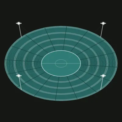 Procedural drawing of concentric stadium seating tiers around a central pitch, radial aisles cutting the rings, floodlight masts at the rim