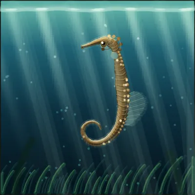 A seahorse drifting in a column of sunlight above a dark green eelgrass meadow, its trunk and curled tail ringed with bony plates that fade out toward the tail tip
