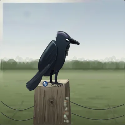 A black crow on a weathered gatepost under a flat grey overcast sky, looking straight at the viewer, a blue glass bead beside its feet