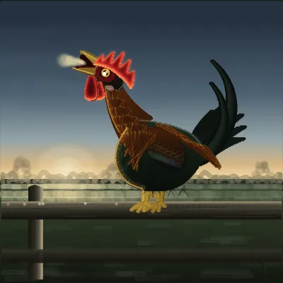 A black-breasted red rooster crowing on a fence rail at first light, head thrown back and beak open, his scarlet comb and wattles lit through from behind against a cold blue-grey dawn sky