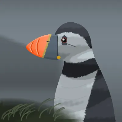 An Atlantic puffin at close range in thick sea fog, its white face and black cap sharply separated, a scarlet and grey bill turned slightly toward the viewer, with one faint headland behind it
