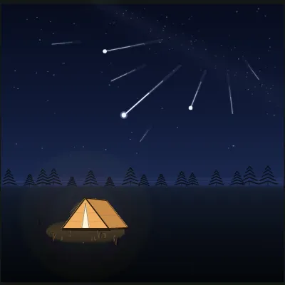 A lone A-frame tent glows warm amber from inside on a dark meadow while white meteor streaks fall across the night sky above it