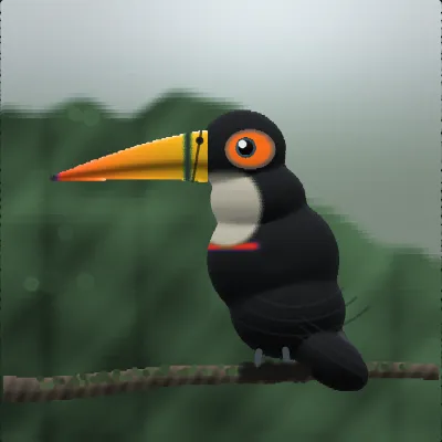 A toco toucan perched on a mossy branch in cloud forest, its huge orange bill turned in profile and outlined in black, a pale blue eye patch around a dark eye, with the forest behind it fading into soft green
